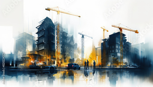 Illustration digital building construction engineering with double exposure graphic design. Building engineers, architect people, or construction workers working photo