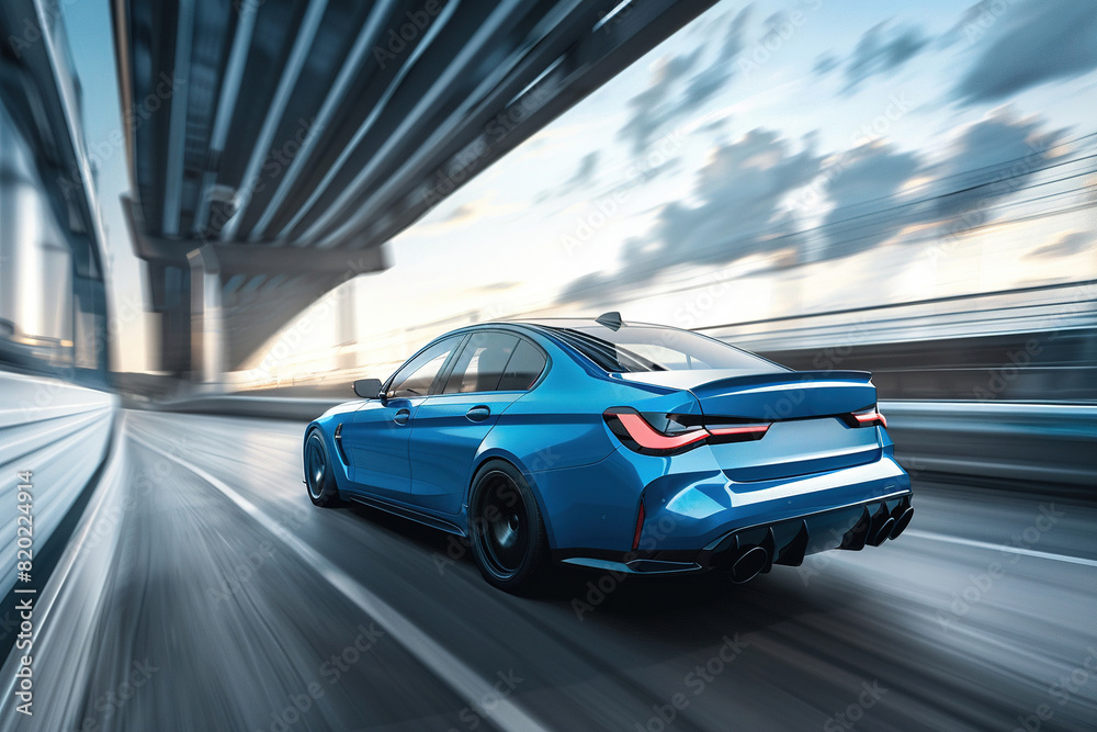 Blue car on high speed with motion blur. Blue car on high speed with motion blur.