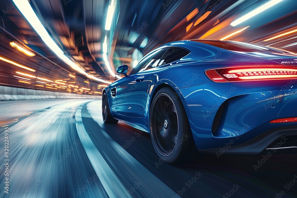 Blue car on high speed with motion blur. Blue car on high speed with motion blur.