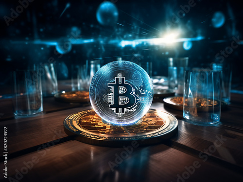 Holographic representation of blockchain and crypto economy themes overlaid on a computer table