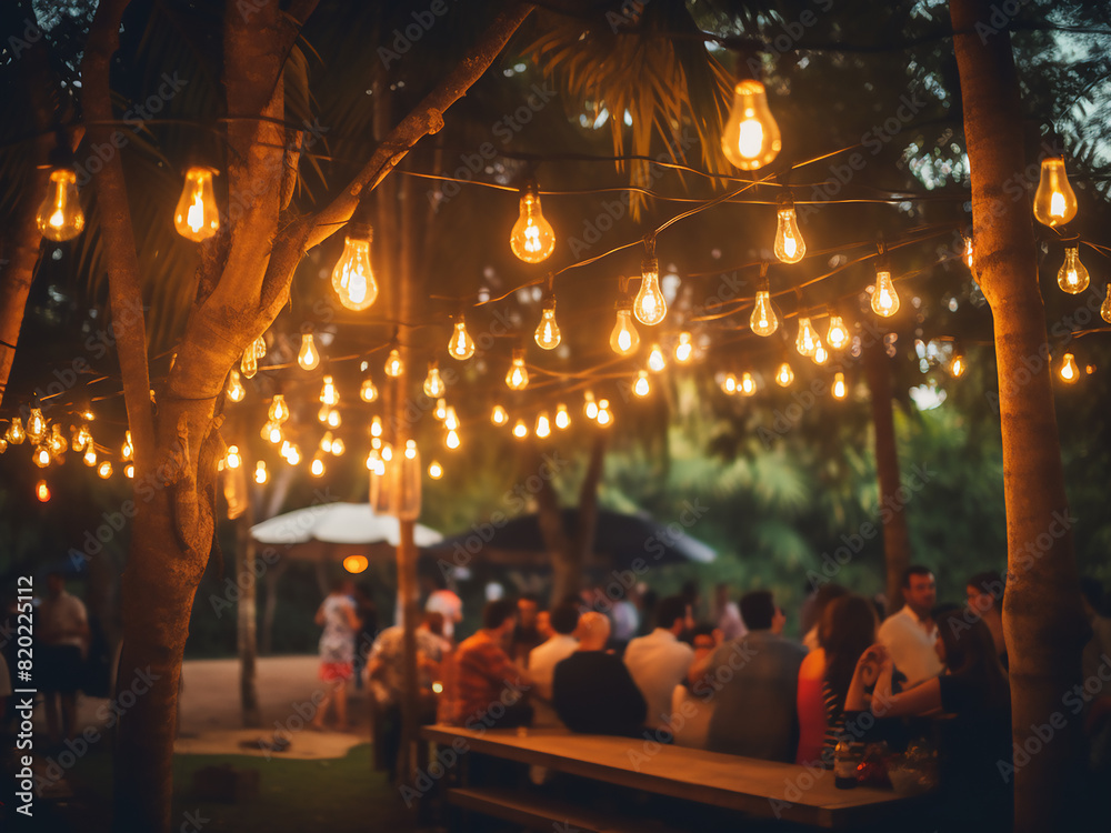 In an outdoor garden, a blurred crowd celebrates amidst hanging light bulbs In an outdoor garden, a blurred crowd celebrates amidst hanging light bulbs