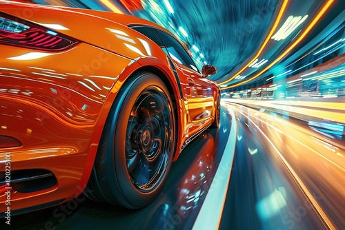 Orange car on high speed with motion blur.