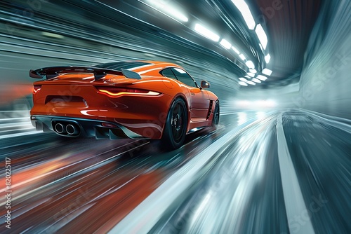Orange car on high speed with motion blur. © Bargais