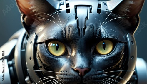 This digital art piece showcases a hyper-realistic mechanized cat with a futuristic helmet and piercing green eyes, ideal for sci-fi and pet tech themes. photo