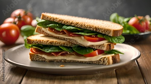A sandwich with bacon, tomatoes and spinach, cut in half, was appetizingly arranged on a plate. Its juicy ingredients blend perfectly both visually and tastefully. photo
