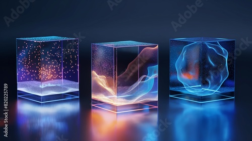 Abstract empty geometric shape crystal glass cube pedestal in neon disco light. Luxury light transparent 3d display stand. Dark podium. Background. cube pedestal