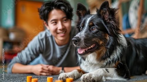dog training techniques, an asian dog trainer commands a clever border collie in a roomy training center, with colorful toys strewn about, using encouraging gestures