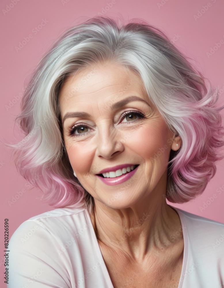 A senior woman with an engaging smile and wavy pink tinted hair, exuding charm and vivacity against a soft pink backdrop.
