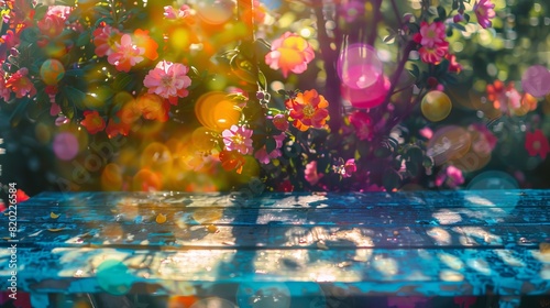 A colorful  dreamy outdoor scene with blooming flowers and a sunlit wooden bench  creating a serene and vibrant garden atmosphere.