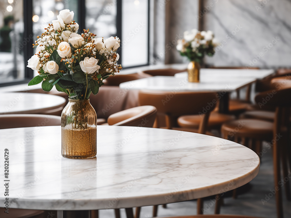 Immerse yourself in sophistication with a white marble table in a caf?