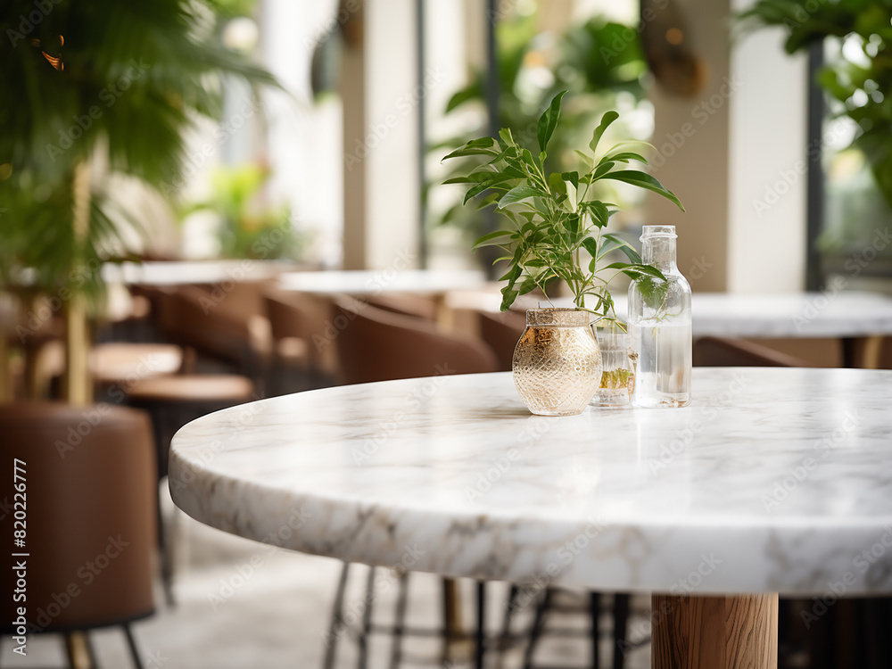 Create an elegant ambiance with a white marble table in a blurred caf?