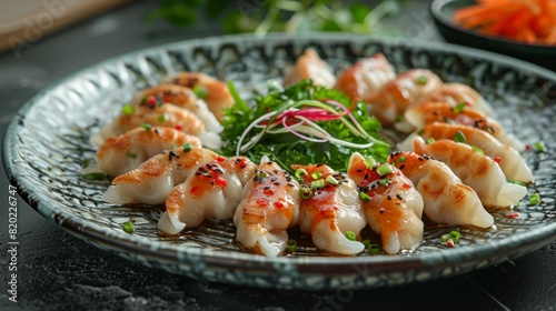 stylishly presented gyoza dumplings on a plate for a modern and elegant touch, perfect for a restaurant menu cover