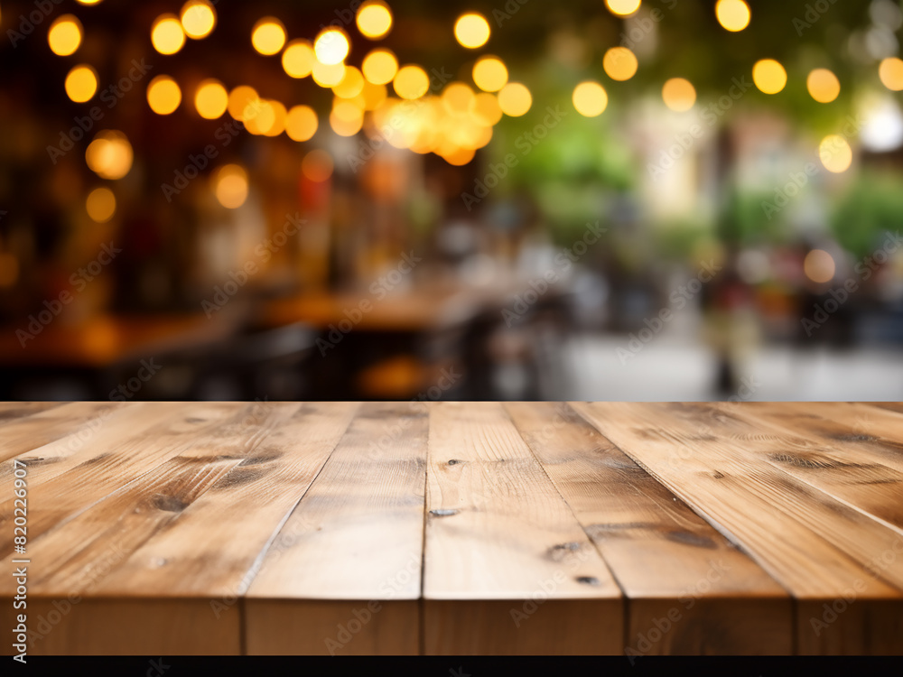 Display your products on a wooden table with a blurred caf? background Display your products on a wooden table with a blurred caf? background