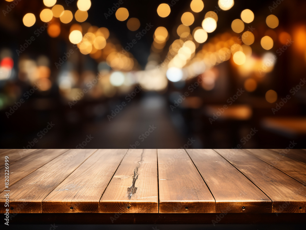 Exhibit items on a wooden table with a blurred caf? or bar background Exhibit items on a wooden table with a blurred caf? or bar background