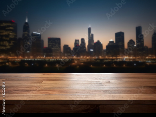 Arrange products on a wooden table against a city bokeh backdrop