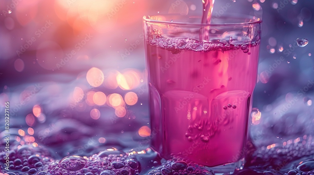 A pink glass of liquid sits atop a table, beside bubble pile and water bottle A pink glass of liquid sits atop a table, beside bubble pile and water bottle