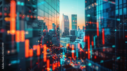 Wallpaper Mural A vibrant cityscape at dusk with stock market charts overlay. Perfect for finance, business, and investment related projects. Torontodigital.ca