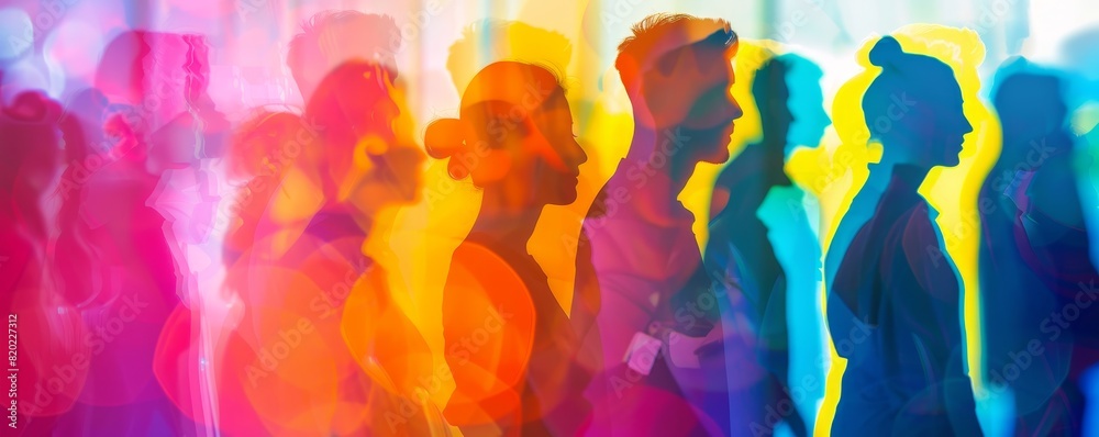 Abstract colorful silhouette art of diverse group of people, emphasizing unity, diversity, and inclusivity through vibrant hues and layers. Abstract colorful silhouette art of diverse group of people, emphasizing unity, diversity, and inclusivity through vibrant hues and layers.