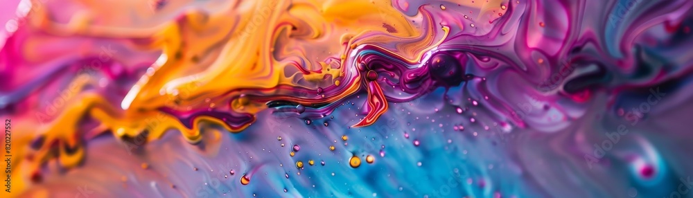 Naklejka premium Abstract fluid art with vibrant colors blending seamlessly, featuring orange, pink, purple, and blue hues, creating a mesmerizing visual effect.