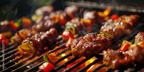 Juicy BBQ skewers sizzling over fiery grill photo