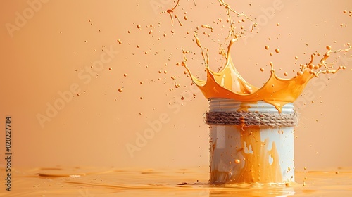  A yellow crown splashing out of a can of water onto a yellow surface with droplets of water