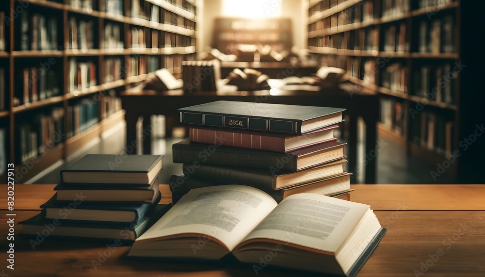 A stack of books on a table in a library, with one book open. The scene captures the quiet and scholarly atmosphere of the library, with shelves A stack of books on a table in a library, with one book open. The scene captures the quiet and scholarly atmosphere of the library, with shelves