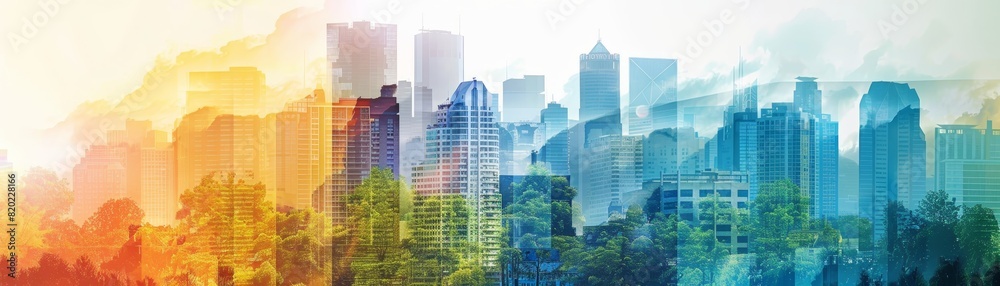Obraz premium Colorful abstract cityscape blending urban architecture with vibrant hues, offering a creative vision of modern city life.