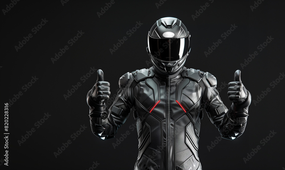 A futuristic motorcycle rider in full gear and helmet, giving a thumbs-up gesture, set against a dark background, embodying safety, style, and modern technology. A futuristic motorcycle rider in full gear and helmet, giving a thumbs-up gesture, set against a dark background, embodying safety, style, and modern technology.