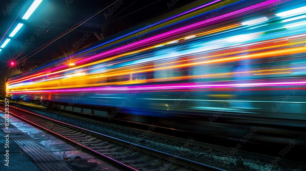 Colorful long exposure shot of a speeding train at night, creating vibrant light trails on an urban railway station platform. Colorful long exposure shot of a speeding train at night, creating vibrant light trails on an urban railway station platform.