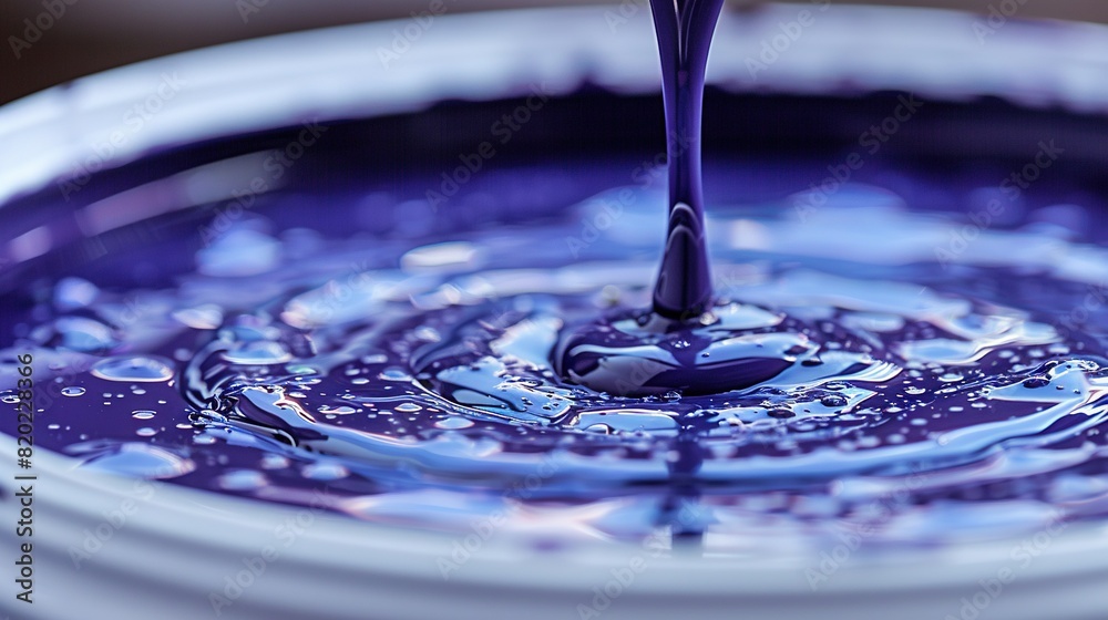 A clear shot of a purple liquid pouring into a blue bowl, with water droplets dotted around the base A clear shot of a purple liquid pouring into a blue bowl, with water droplets dotted around the base