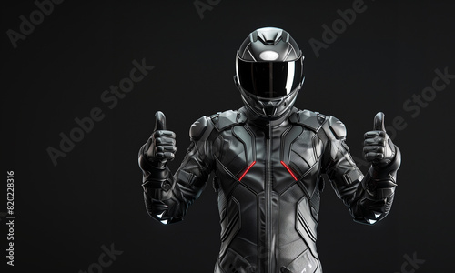 A futuristic motorcycle rider in full gear and helmet, giving a thumbs-up gesture, set against a dark background, embodying safety, style, and modern technology.