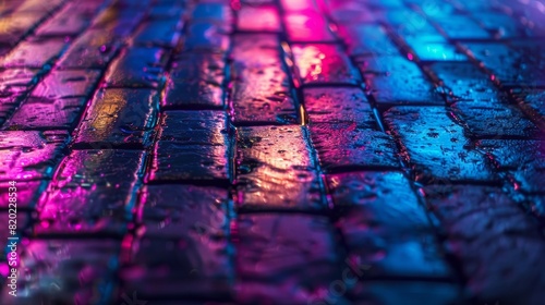 Colorful wet cobblestone street illuminated by vibrant neon lights  creating a lively and dynamic urban atmosphere during night time.