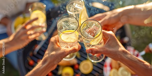 Friends toast drinks at summer barbecue party  warm hues