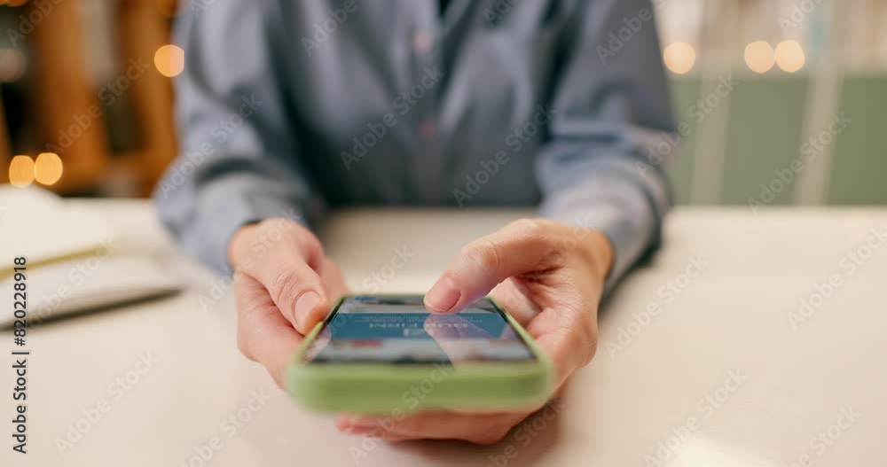 Hands, smartphone and scroll for social media app with online ads, reading article and internet browsing. Person, mobile screen and network for research with website, text notification and technology Hands, smartphone and scroll for social media app with online ads, reading article and internet browsing. Person, mobile screen and network for research with website, text notification and technology