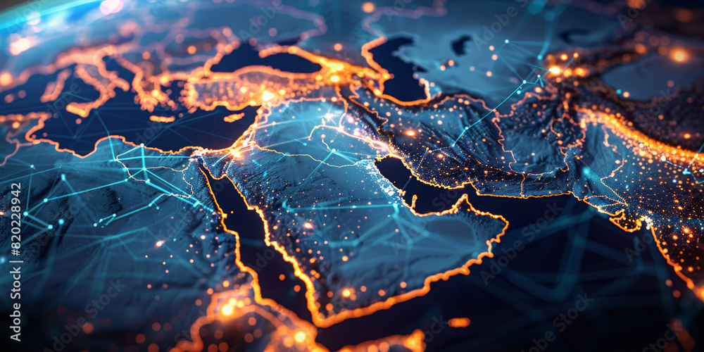 Obraz premium Abstract map of Saudi Arabia, Middle East and North Africa, concept of global network and connectivity, data transfer and cyber technology, information exchange and telecommunication