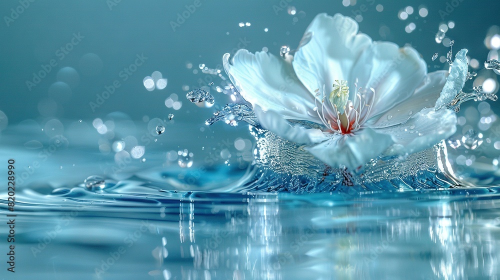 A white flower floating on top of water with a splash at its base A white flower floating on top of water with a splash at its base