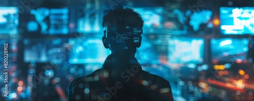 Silhouette of person in front of glowing data screens, symbolizing modern digital information, technology, and cyber security.