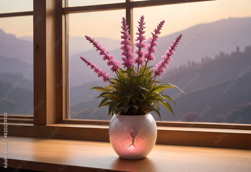 Fototapeta premium Dainty, pale Anise Hyssop petals neatly arranged in a minimalist, off-white ceramic vase resting on a smooth, oak wood table overlooking a luminous window