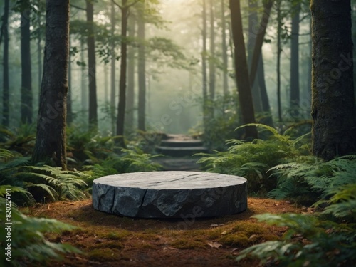 Podium Pedestal in Tropical Forest Garden with Green Plants. Nature and Organic Cosmetic and Food Presentation Theme. Natural Product Placement Display, Spring Summer Concept