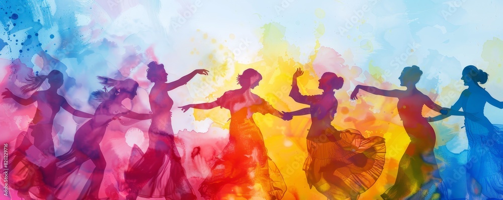 Vibrant watercolor painting of dancers in motion, celebrating dance and movement with colorful brushstrokes and abstract forms. Vibrant watercolor painting of dancers in motion, celebrating dance and movement with colorful brushstrokes and abstract forms.