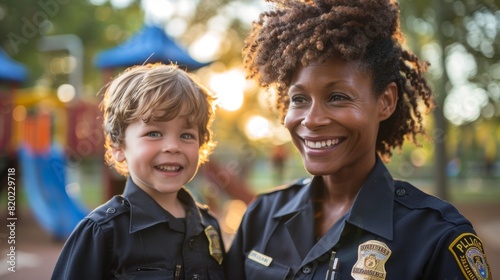 community policing initiative, an african american policewoman on neighborhood patrol with a young caucasian boy, showcasing community policing at a playground with a friendly vibe