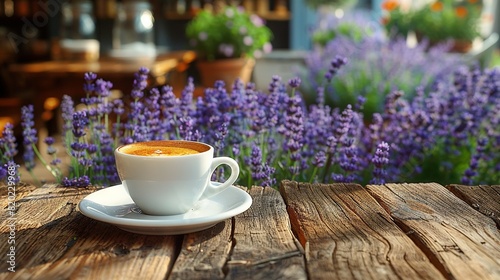   A cup of coffee atop a white saucer on a wooden table amidst purple flowers