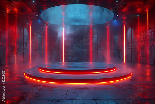 A futuristic 3D podium illuminated with vibrant neon lights, creating a striking and modern visual effect perfect for high-tech presentations or digital displays