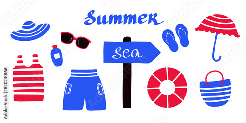 Canvas Print Set of summer beach elements sea red blue marine clothes bag glasses vacation