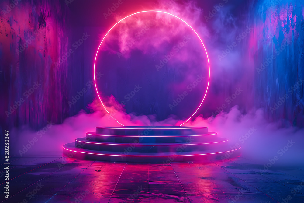 Obraz premium A futuristic 3D podium illuminated with vibrant neon lights, creating a striking and modern visual effect perfect for high-tech presentations or digital displays