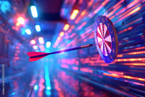 Futuristic dart hitting the center of a glowing target in a vivid neon-lit tunnel scene. AI