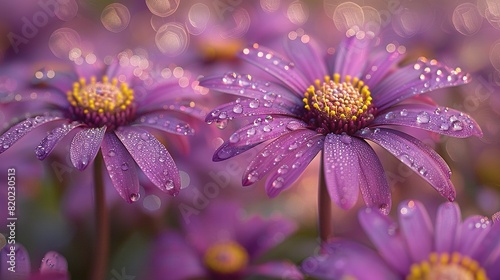   Purple flowers in a close-up  water droplets on petals