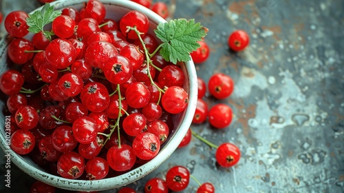   A sharp focus image of cherries in a bowl  with a cherry leaf positioned on one fruit