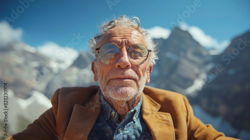 A man wearing glasses and a brown jacket is sitting on a mountain