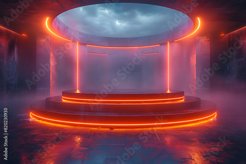 A modern 3D podium with a striking neon effect, creating a futuristic and vibrant visual perfect for showcasing products or awards in a contemporary setting